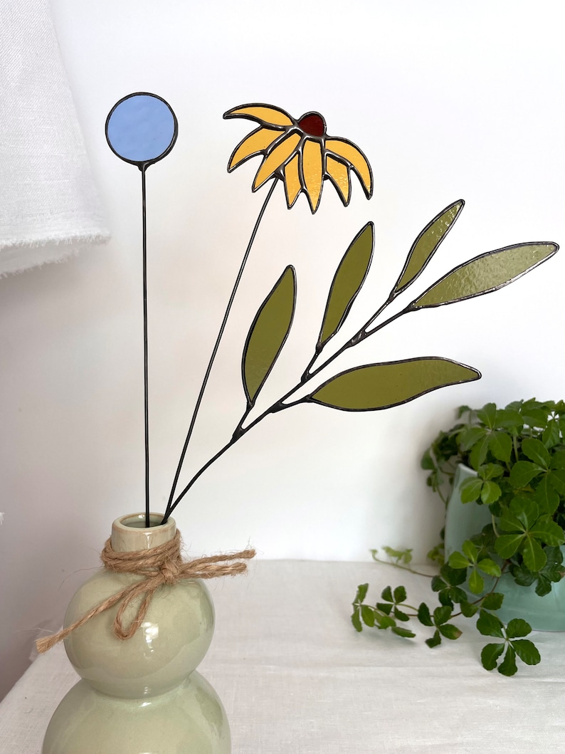 BOUQUET-set of 3 stems-black eyed susan,globe thistle,sage,stained glass bouquet,everlasting stained glass flowers,window suncatcher image 2