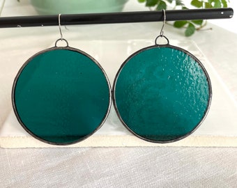 big sea green earrings with stainles steel hooks,dangle earrings,statement earrings,stained glass earrings,sea glass earrings,big earrings