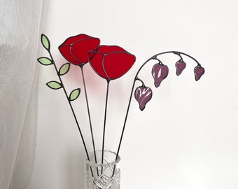 BOUQUET of 4 stems,stained glass bouquet,stained glass flowers,everlasting flowers,everlasting bouquet,red poppy,bleeding heart,green leaves