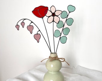 BOUQUET of 4 stems,stained glass bouquet,stained glass flowers,everlasting flowers,everlasting bouquet,red poppy,bleeding heart,eucalyptus