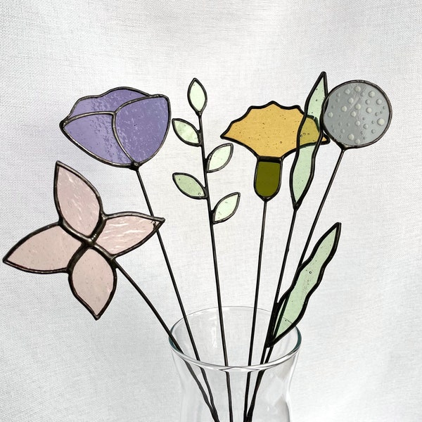 Set of 6 stems,stained glass bouquet,stained glass flowers,everlasting flowers,everlasting bouquet,iris,ipomoea,snowdrop,blowball,willow