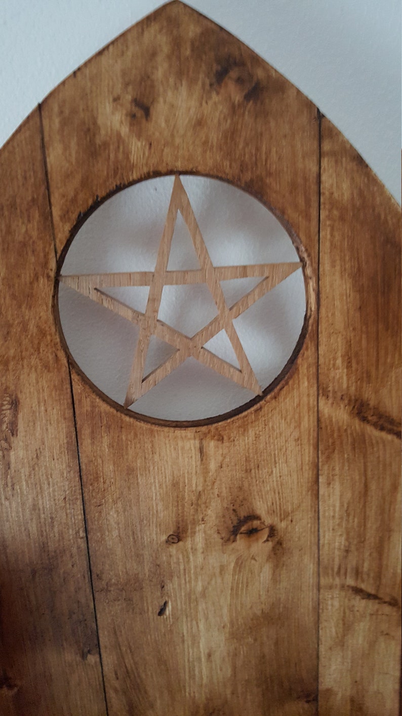 Gothic arch shelf with inset pentagram, goth shelves, pentagram, shelf for crystals, standing shelf, wall mounted shelf, pagan, Altar shelf image 4