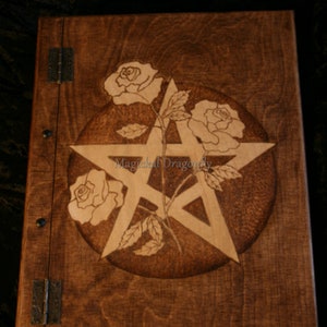 Book of Shadows, wooden handmade with pentagram and roses, 150 sheets of blank paper, Grimoire, Witch&#39;s book, spell book