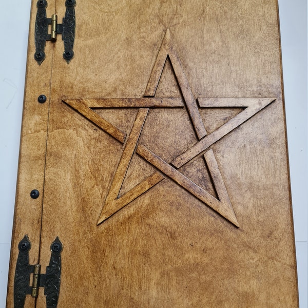 Book of Shadows, wooden handmade with raised pentagram design, 150 sheets of blank paper, Grimoire, Witch's book, spell book