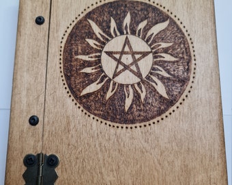 Book of Shadows, wooden book of shadows, pentagram and sun, note book, journal, grimoire, gift for witch, journal, Handmade Book of Shadows