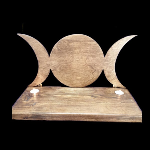 Étagère d'autel avec triple lune, étagère d'autel en bois, étagère d'autel en bois faite main, païenne, sorcière, autel, sorcellerie, cadeau pour Noël, cadeau