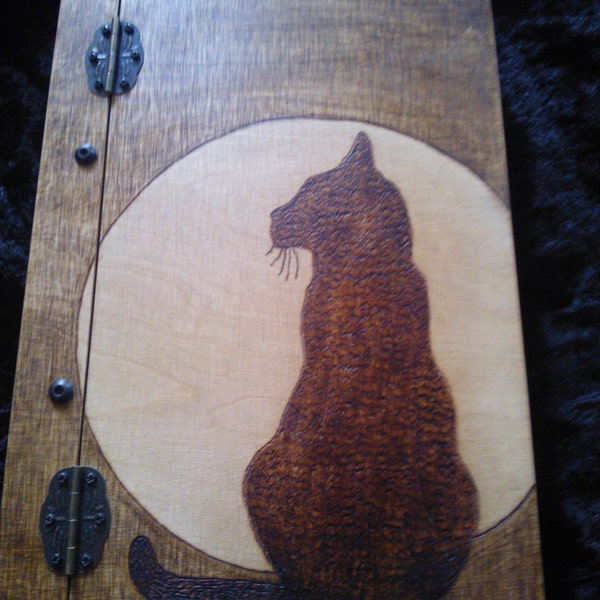 Handmade wooden book with cat silhouette design. Hold approximately 150 sheets 80gsm pape1r. Pagan, Wicca, Witch, Magic, Magickal