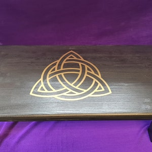 Wooden Altar table stained black with gold hand painted design, Pentagram, Triquetra, Triple moon, Witch&#39;s knot, Pan, Wiccan, Occult, Gift