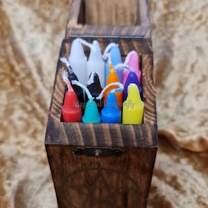 Altar box with 12 coloured spell candles and hinged lid, Witchcraft supplies for spells and rituals