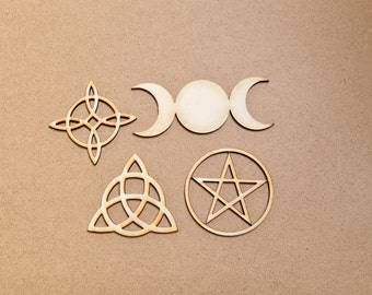 Wooden MDF Wiccan Pentagram Triquetra Symbols Shapes Craft Embellishment Signs 