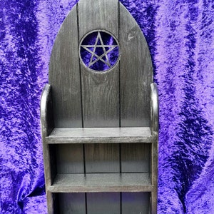 Gothic arch shelf with inset pentagram, goth shelves, pentagram, shelf for crystals, standing shelf, wall mounted shelf, pagan, Altar shelf image 10