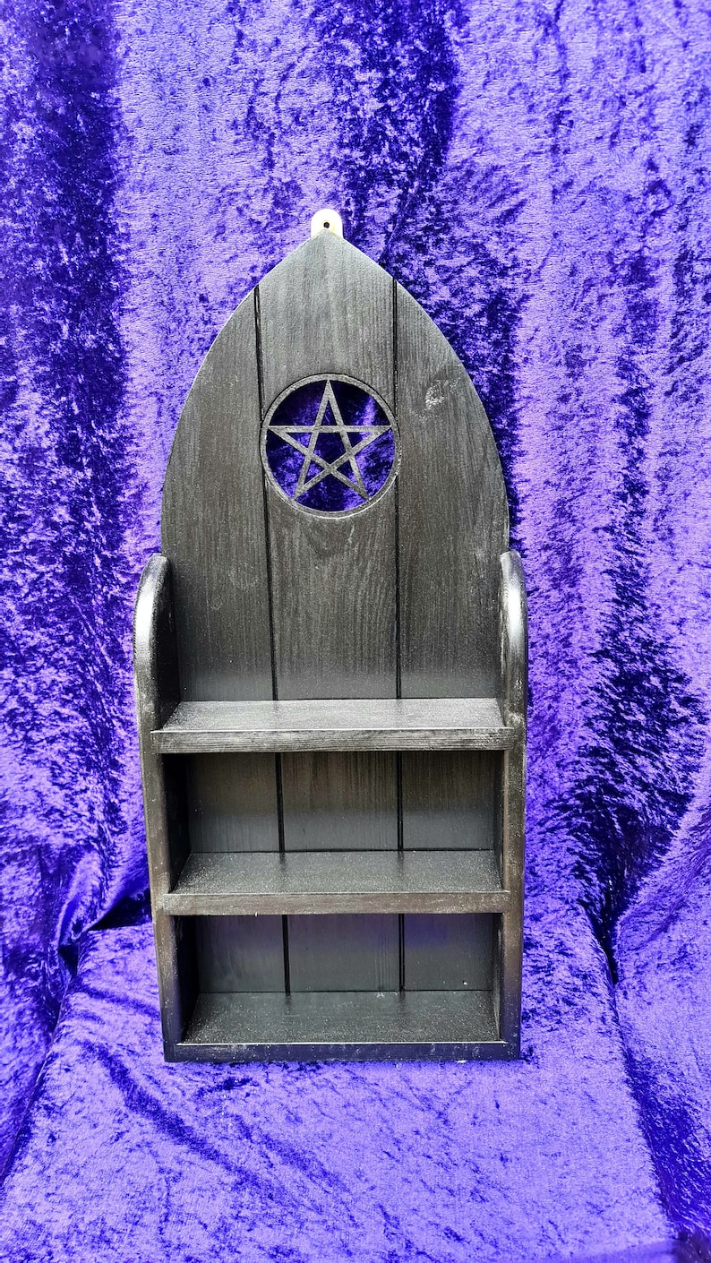 Gothic arch shelf with inset pentagram, goth shelves, pentagram, shelf for crystals, standing shelf, wall mounted shelf, pagan, Altar shelf image 10