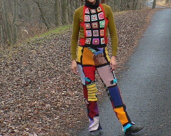 colorful hippie crochet and knitted overall