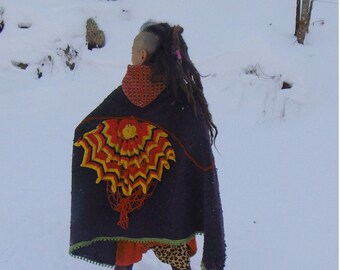 ethnic patchwork wool poncho or cape