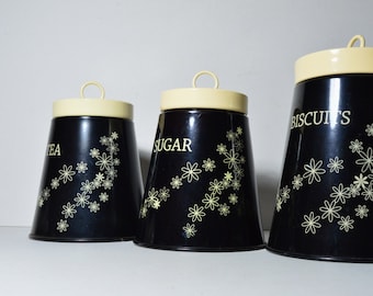 Vintage Black Canister Set Linda Barker Canisters Tea Coffee Sugar Canisters Kitchen Storage Designer Decor Vintage Kitchenalia