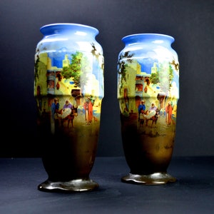 1920s Lancaster & Sons Pair of Vases Eqyptian Vase Bethlehem Jerusalem Scene Art Deco Vase Vintage Home Decor