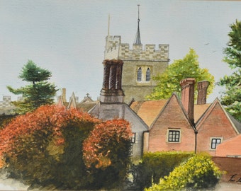 1990 Ian Andrews Vintage Watercolor Vintage Art One of a Kind Painting Vintage Landscape Painting of Church by Ian Andrews