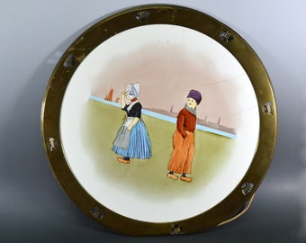 Vintage Brass Framed Ceramic Plaque Vintage Brass Wall Plaque Wall Hanging of Young Boy and Girl First Love Dutch Costume Clogs Holland