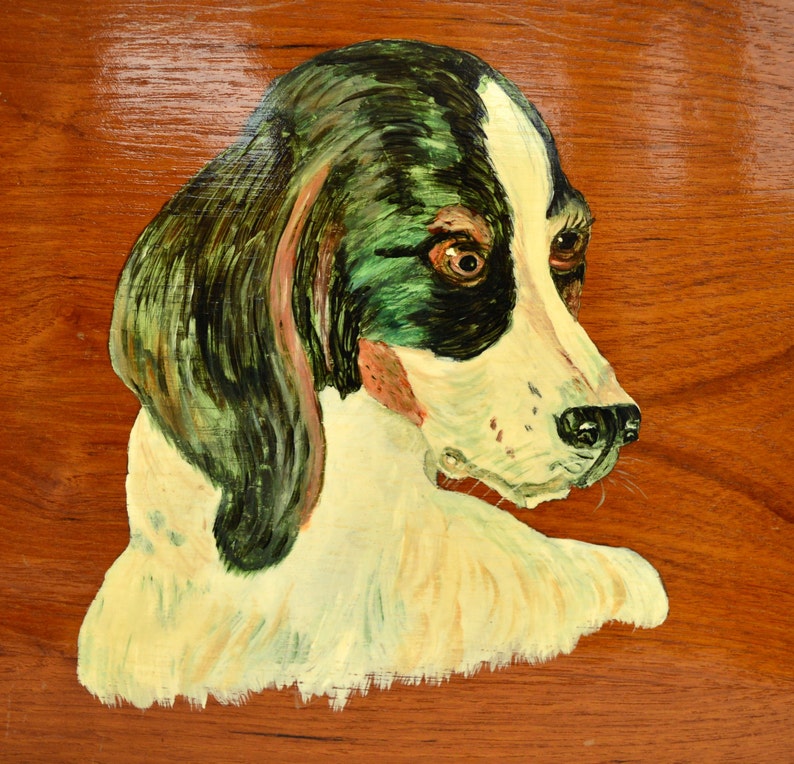 Puede incluir: Una imagen pintada de la cabeza de un perro sobre una superficie de madera. El perro tiene pelo blanco con marcas negras y verdes. Los ojos del perro son marrones y la nariz es negra.