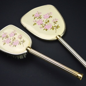Vintage Pink Floral Ladies Dressing Table Vanity Set Comprising Hand Mirror and Hair Brush