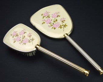 Vintage Pink Floral Ladies Dressing Table Vanity Set Comprising Hand Mirror and Hair Brush
