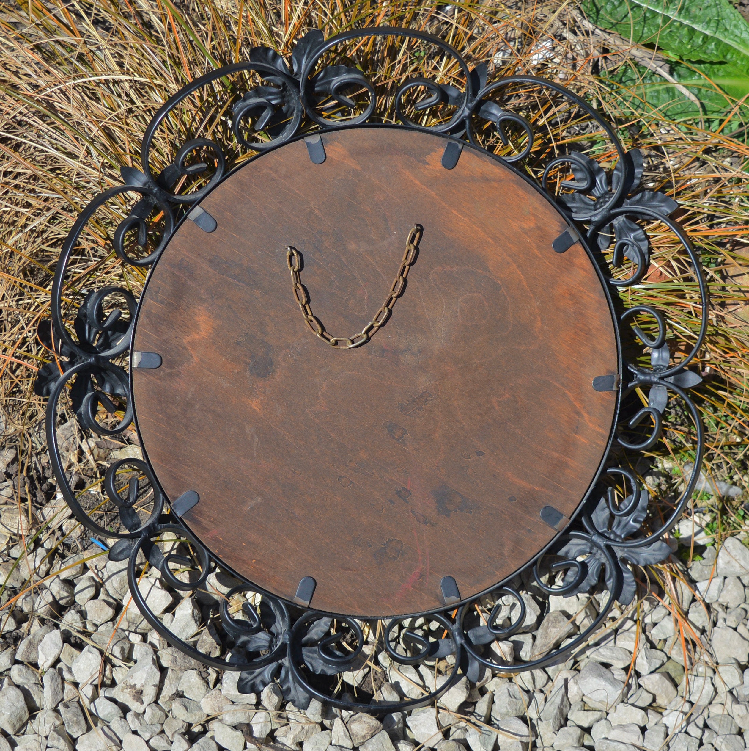 1970s Black Wire Frame Convex Mirror Leaf Pattern Hanging