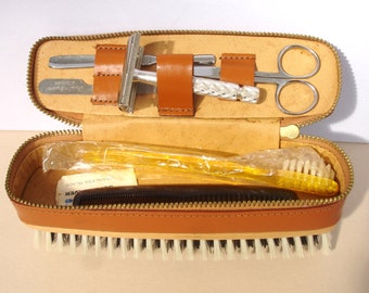 1960s Zipped Mens Vanity Set Vintage Grooming in a Cowhide Case
