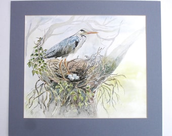 Grey Heron Line and Wash Monogrammed VCJ 1980s Vintage Art OOAK Painting Vintage Watercolor and Ink Painting Vintage Wildlife Painting