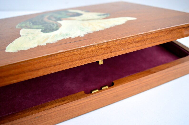 Puede incluir: Una caja de madera con tapa abatible. La parte superior de la caja est&aacute; pintada con un perro blanco con marcas marrones y verdes. El interior de la caja est&aacute; forrado con un material de terciopelo rojo oscuro.