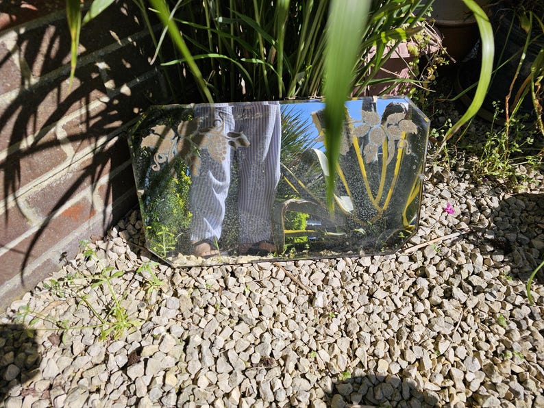 1940-tals Art Deco-väggspegel Vintage heminredning Vintage väggspegel Hängande spegel Blommig etsad bild 2