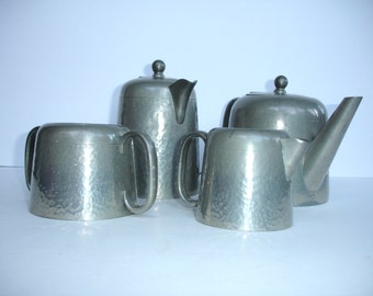 1930s Art Deco Artistic Pewter Hand Hammered Tea Set Mid Century Vintage Tableware