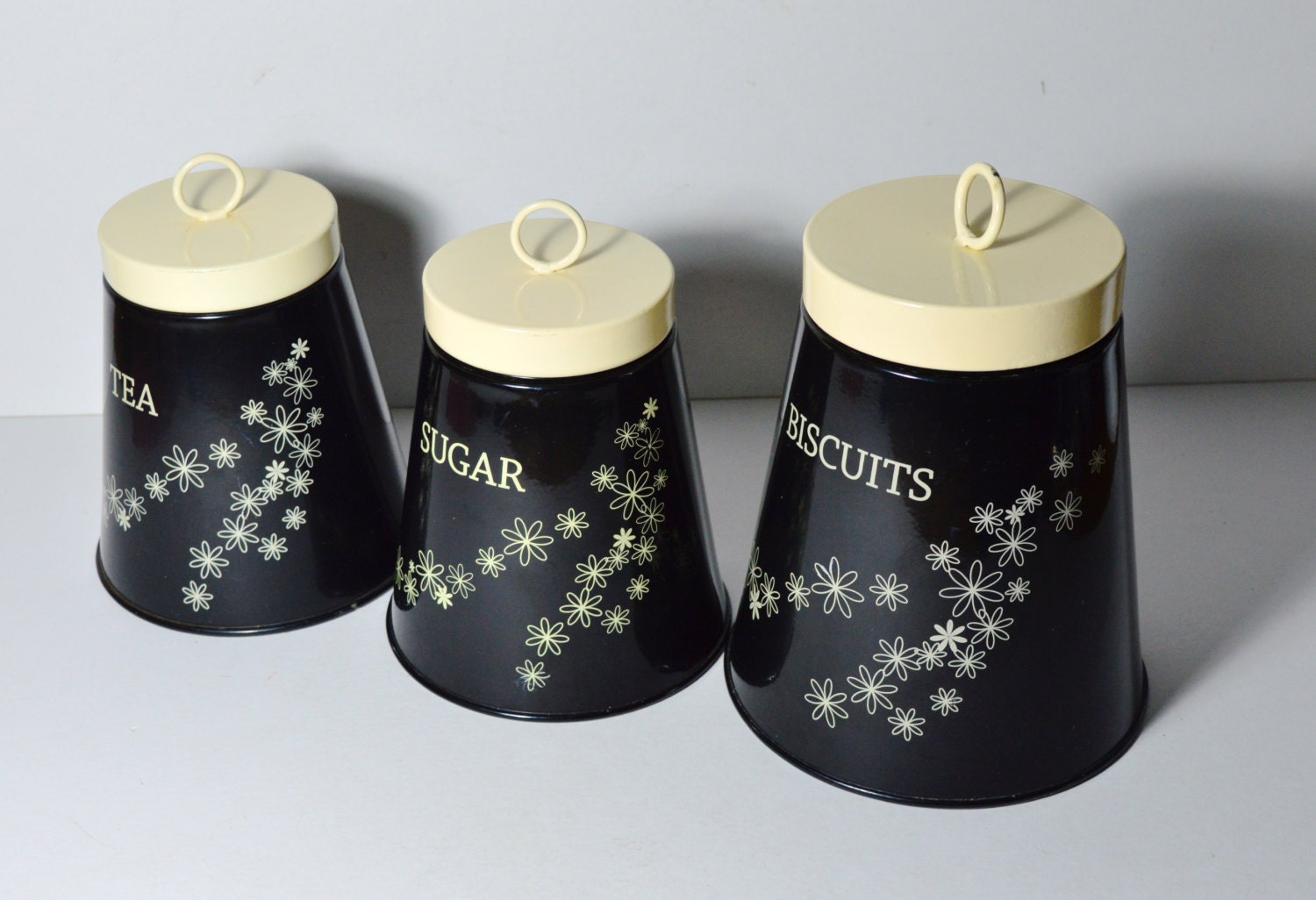 Vintage Black Canister Set Linda Barker Canisters Tea Coffee Sugar