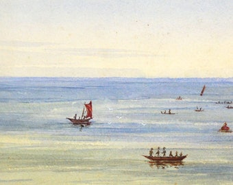Fishermen Vintage Art OOAK Painting Vintage Watercolor Painting Vintage Seascape Painting Sailing Boats