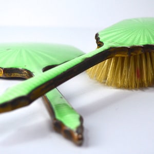 1920s Art Deco Green Vanity Set Vintage Dressing Table Vintage Brush Mirror in Bright Green Guilloche Enamel