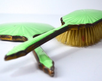 1920s Art Deco Green Vanity Set Vintage Dressing Table Vintage Brush Mirror in Bright Green Guilloche Enamel