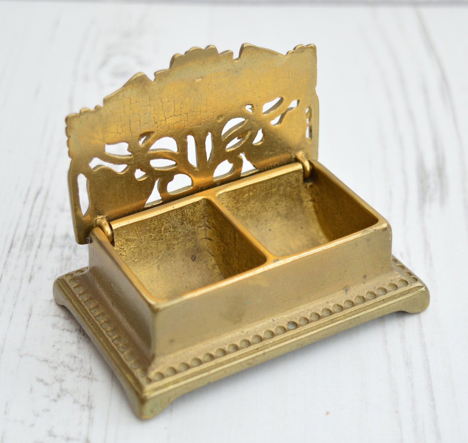 Vintage Postage Stamp Holder Brass Inkwell Vintage Ink Pot Vintage Desk