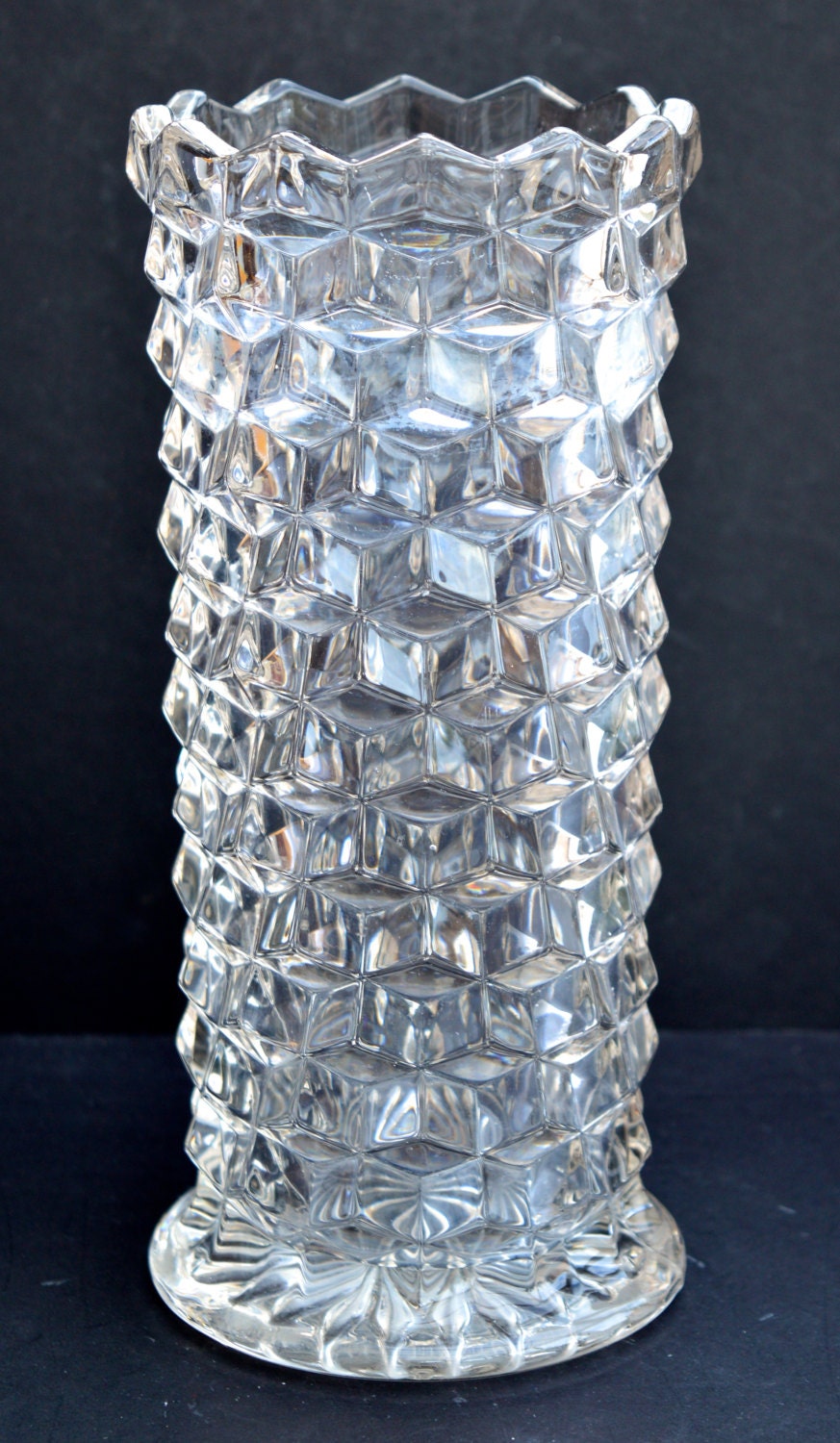 1950s Vintage Pressed Glass Vase Vintage Vase Cube Pattern Etsy UK
