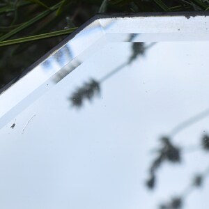 May include: A close-up of a octagonal mirror with a silver frame. The mirror is reflecting the shadows of plants.