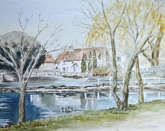 Signed Ken Tarvin The Pond Buriton Watercolor Painting Vintage Watercolor Painting Vintage Riverscape Painting