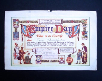 Empire Day Gifts 1915 Vintage Certificate Overseas Club Vera Benfield Brave Sailors and Soldiers Fighting for Honour Freedom & Justice
