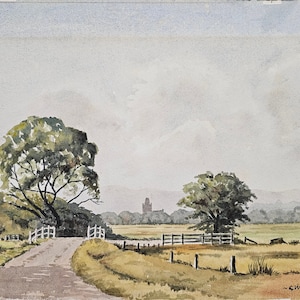 May include: A watercolor painting of a country road leading to a white gate. The road is lined with trees and a field of grass. In the distance, a building with a tower is visible.