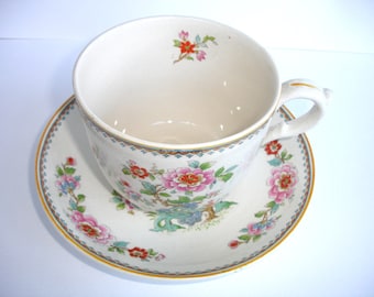 1910s Edwardian Art Nouveau Cup and Saucer Adams Chinese Rose Pattern Old English Staffordshire Ware Vintage Tableware Oversized Cup Saucer
