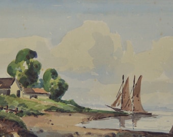Vintage Watercolor OOAK Painting Vintage Watercolor Painting Vintage Seascape Vintage Coastal Painting Vintage Landscape Painting
