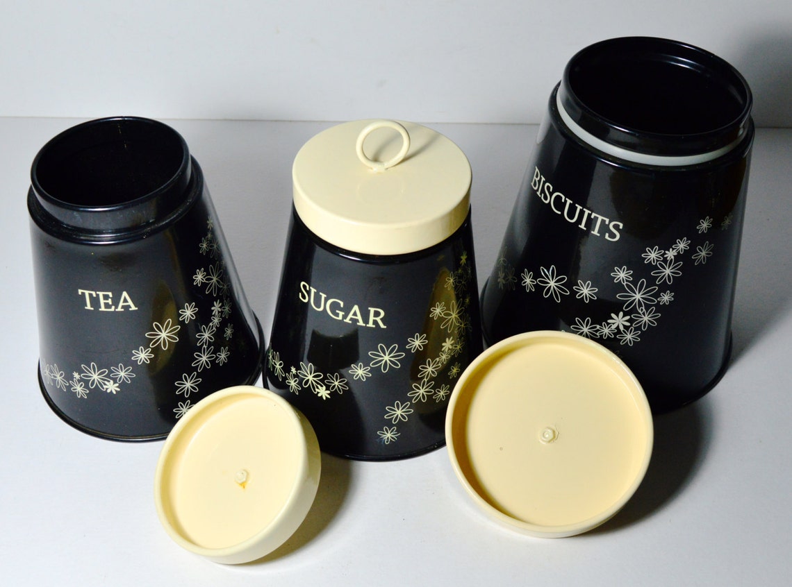 Vintage Black Canister Set Linda Barker Canisters Tea Coffee Sugar