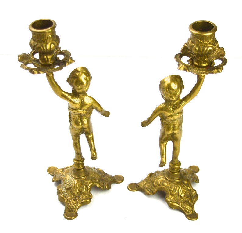 Cherub Candlesticks Brass Chambersticks Vintage Candle Holders Etsy UK