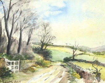 J W Booth ACA Art Deco Watercolor Antique Art Vintage Art OOAK Vintage Watercolor Vintage Landscape Scene Painting original frame