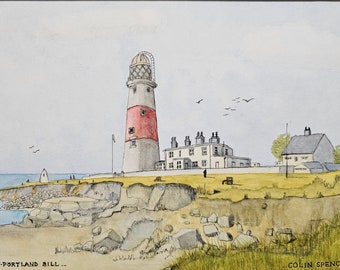 1995 Portland Bill Colin Spence Vintage Watercolor Vintage Lighthouse Seascape Seaside Resort Vintage Landscape