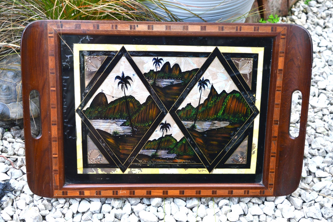 Vintage Butterfly Wing Art Wood Inlay Serving Tray Rio De Janeiro