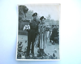 1940s Photo Vintage Photo Antique Photo of a Couple in Trafalgar Square Feeding the Pigeons during World War II WWII