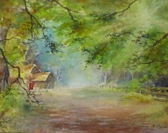 1950s Vintage Art John Grant OOAK Painting Vintage Watercolor Painting Vintage Landscape Painting Hidden Hut in the Forest